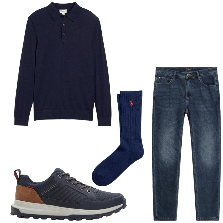 Outfit uomo - Basic style. Stile Urban per Tutti i giorni. Abbinamento con maglieria, sneakers, jeans slim fit, calzini.