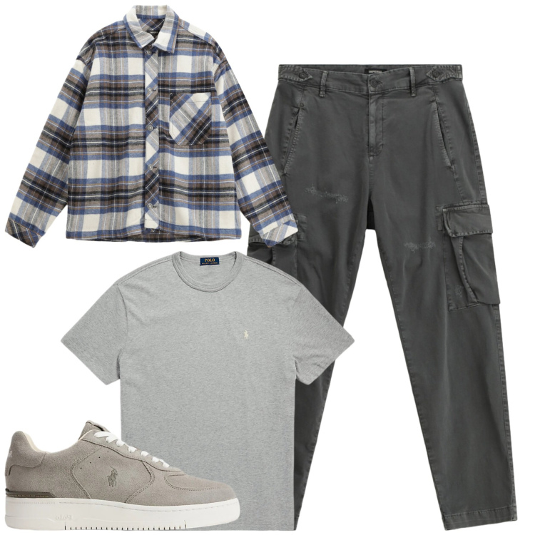 Outfit uomo - Dicembre. Stile Casual per Tutti i giorni. Abbinamento con camicie, pantaloni cargo, t-shirt, sneakers.