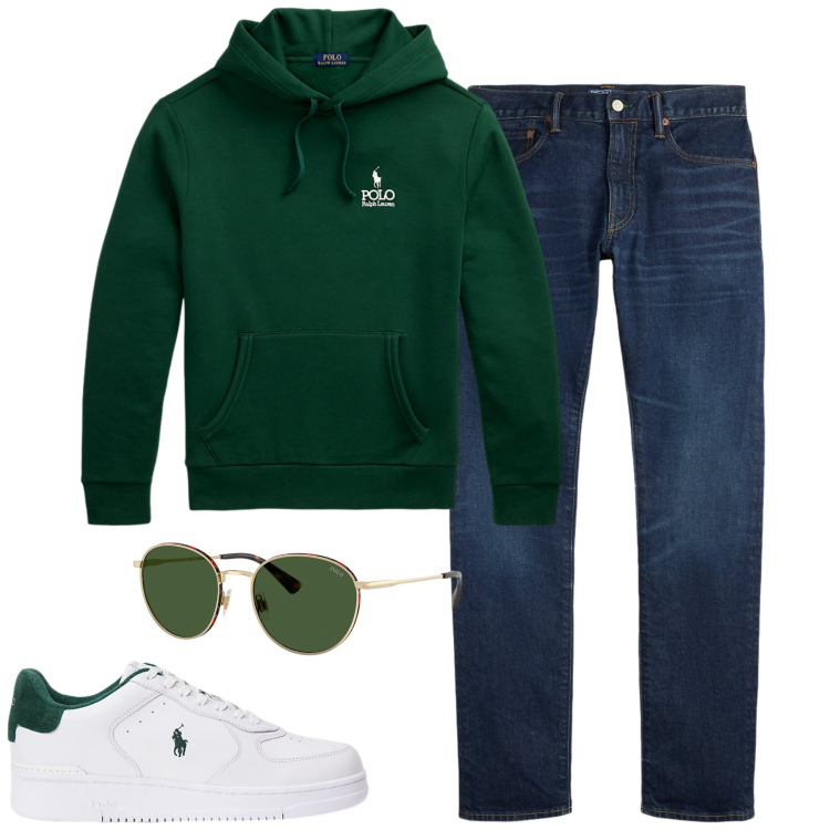 Outfit uomo - Dicembre. Stile Casual per Tutti i giorni. Abbinamento con sneakers, felpe con cappuccio, occhiali da sole, jeans.