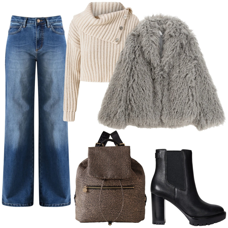 Outfit donna - Ecopelliccia grigia. Stile Glamour per Serata fuori. Abbinamento con jeans, maglieria, ecopellicce, zaini, stivaletti chelsea.