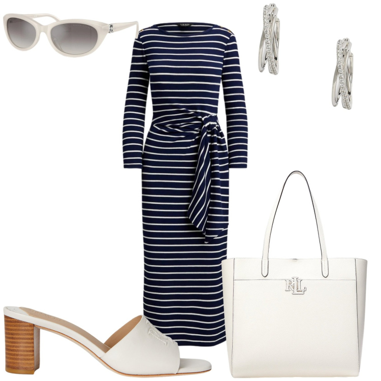 Outfit donna - Abito in misto cotone. Stile Bon Ton per Tutti i giorni. Abbinamento con occhiali da sole, borse tote, orecchini, sandali in pelle, vestiti lunghi.