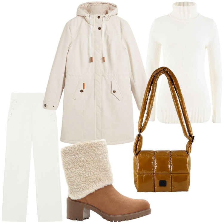 Outfit donna - Il ritorno del bianco. Stile Minimal per Tutti i giorni. Abbinamento con maglieria, blazer, stivaletti, pantaloni, borse a spalla.