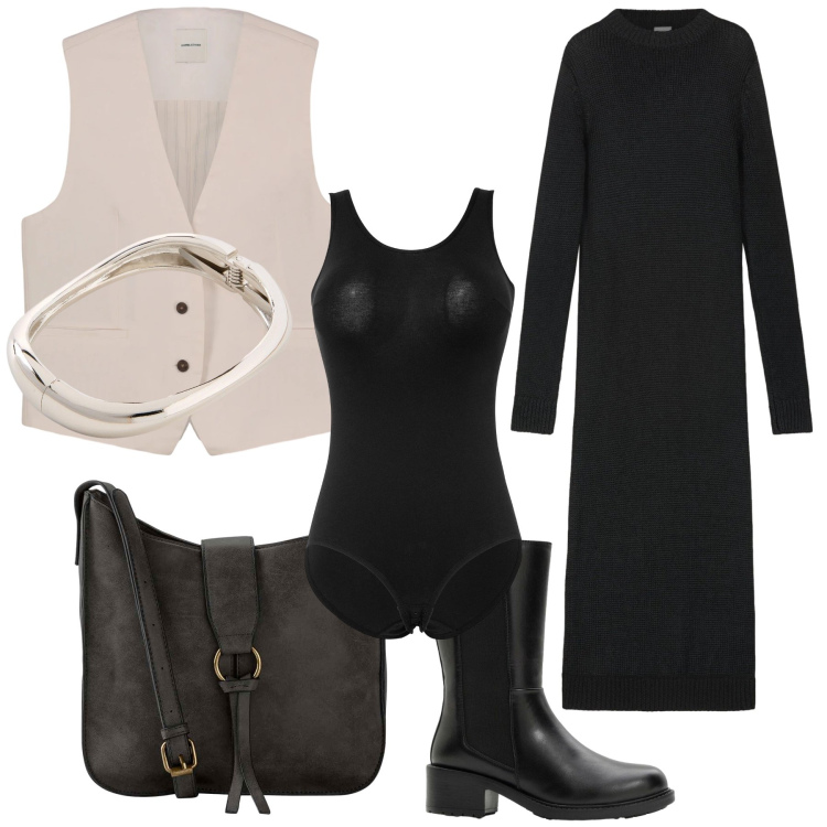 Outfit donna - Calda col gilet. Stile Urban per Ufficio. Abbinamento con body, stivaletti, borse a tracolla, braccialetti, vestiti lunghi, gilet.