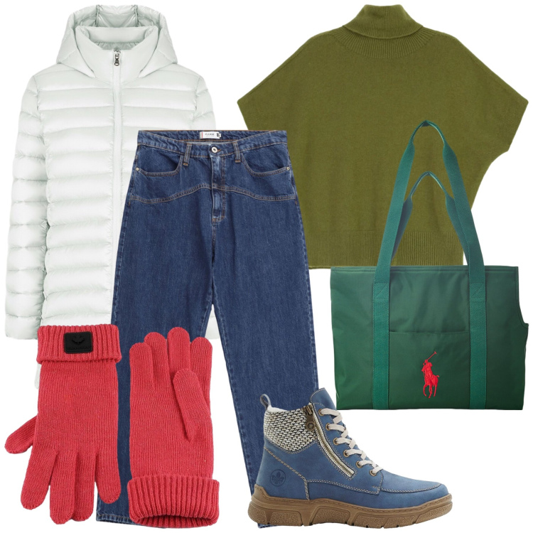 Outfit donna - Passeggiata coi guanti. Stile Casual chic per Tutti i giorni. Abbinamento con stivaletti, jeans, maglieria, borse tote, guanti, piumini.