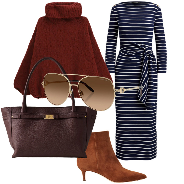 Outfit donna - Total look. Stile Trendy per Ufficio. Abbinamento con maglieria, shopping bag, occhiali da sole, stivaletti, vestiti lunghi.