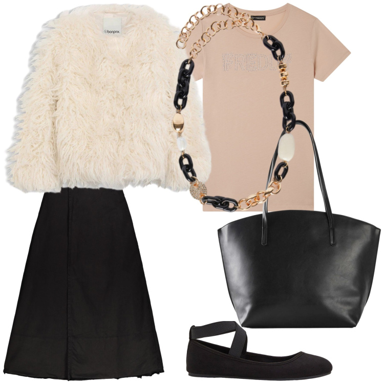 Outfit donna - Stasera da amici. Stile Bon Ton per Serata fuori. Abbinamento con ballerine, shopping bag, ecopellicce, t-shirt, gonne lunghe, collane.