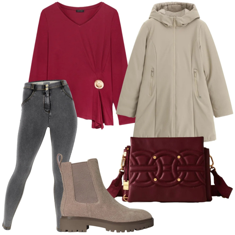 Outfit donna - La t-shirt a portafoglio. Stile Urban per Ufficio. Abbinamento con parka, borse a tracolla, jeggings, stivaletti chelsea, t-shirt.