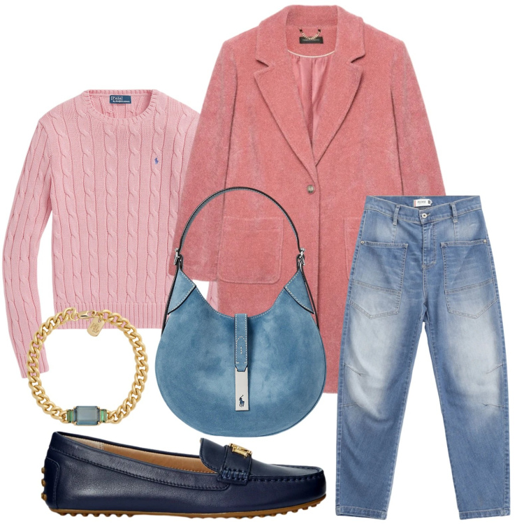 Outfit donna - Il gioiello raffinato. Stile Glamour per Ufficio. Abbinamento con jeans, borse a spalla, braccialetti, mocassini, maglieria, cappotti.