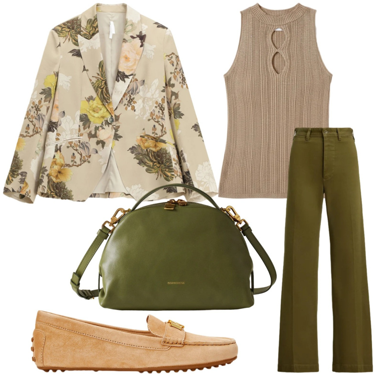 Outfit donna - Fiori d\'inverno. Stile Glamour per Ufficio. Abbinamento con top, blazer, borse a mano, mocassini, pantaloni.