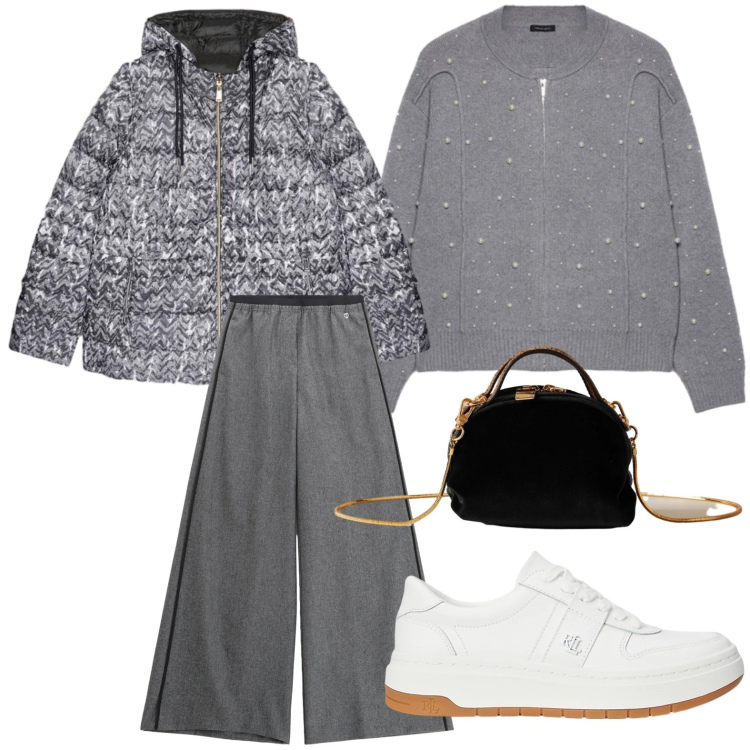 Outfit donna - Il maglione con le perle. Stile Casual per Tutti i giorni. Abbinamento con pantaloni, borse a mano, sneakers, cardigans, piumini.