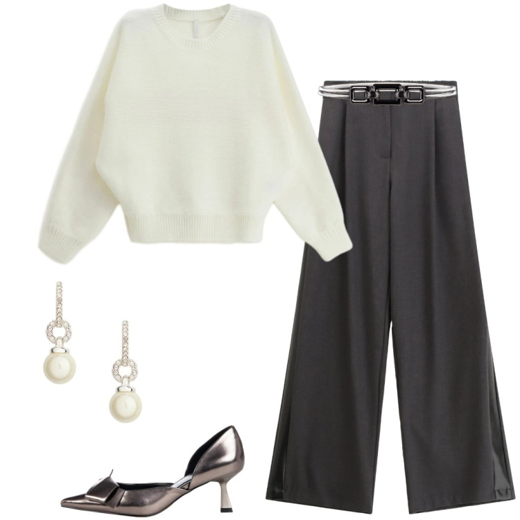 Outfit donna - Minimal elegante. Stile Casual chic per Serata fuori. Abbinamento con décolleté, cinture, maglieria, pantaloni, orecchini.