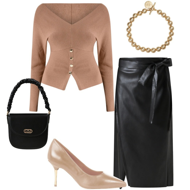Outfit donna - Minimal elegante. Stile Chic per Serata fuori. Abbinamento con décolleté, maglieria, borse a mano, gonne longuette, braccialetti.