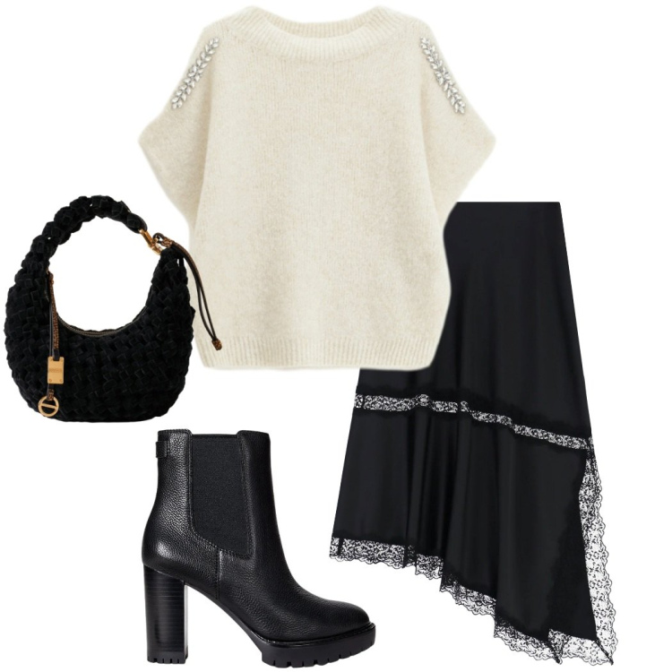 Outfit donna - Magiche asimmetrie. Stile Chic per Serata fuori. Abbinamento con gonne lunghe, maglieria, borse a mano, stivaletti chelsea.