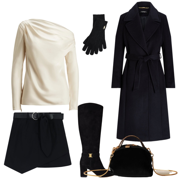 Outfit donna - Elegante asimmetria. Stile Casual chic per Tutti i giorni. Abbinamento con minigonne, borse a mano, cappotti, stivali, bluse, guanti.