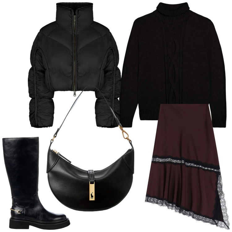 Outfit donna - Asimmetrico. Stile Casual chic per Serata fuori. Abbinamento con stivali sopra il ginocchio, gonne lunghe, maglieria, borse a spalla, piumini.