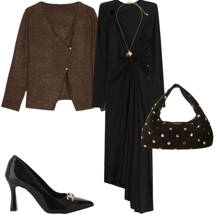 Outfit donna - Magiche asimmetrie. Stile Chic per Serata fuori. Abbinamento con décolleté, borse a spalla, vestiti lunghi, collane, cardigans.