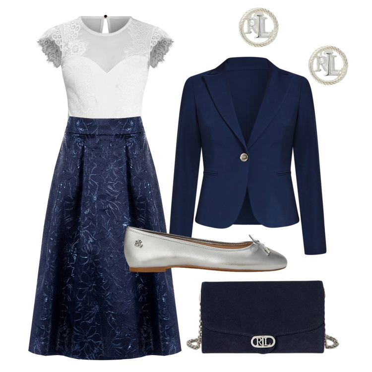 Outfit donna - Feste in blu e argento. Stile Glamour per Serata fuori. Abbinamento con top, gonne longuette, blazer, orecchini, ballerine, borse a tracolla.