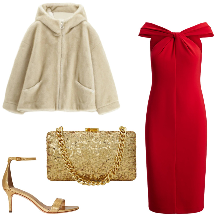 Outfit donna - Golden red. Stile Chic per Serata fuori. Abbinamento con blazer, clutch, sandali in pelle, vestiti.