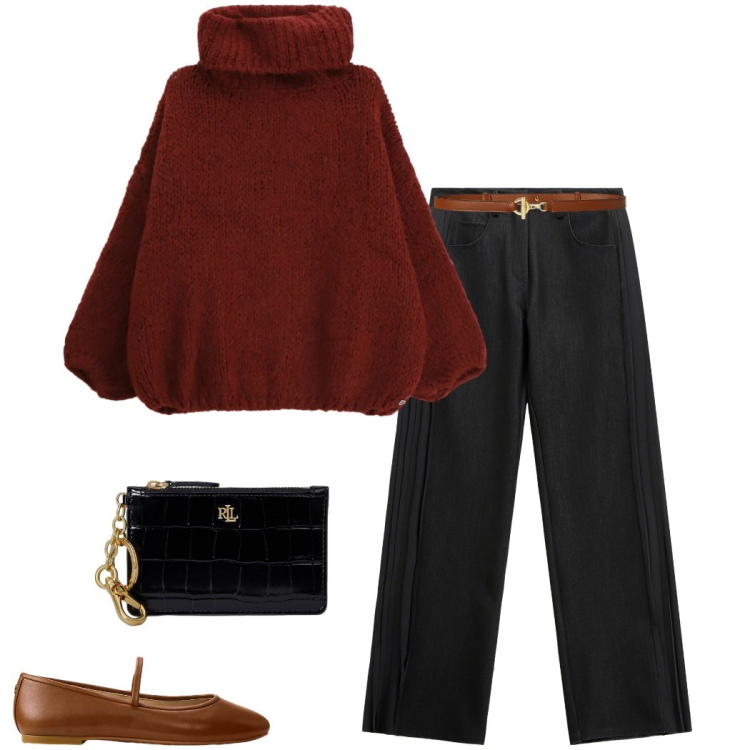 Outfit donna - Maglione morbido. Stile Casual chic per Tutti i giorni. Abbinamento con maglieria, jeans, portafogli, ballerine, cinture.