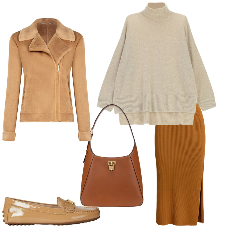 Outfit donna - Caramello. Stile Casual chic per Serata fuori. Abbinamento con giacche, maglieria, gonne, borse a spalla, mocassini.