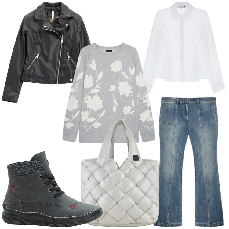 Outfit donna - Fiori e jeans. Stile Casual per Tutti i giorni. Abbinamento con stivaletti, camicie, blazer, borse tote, jeans, maglieria.