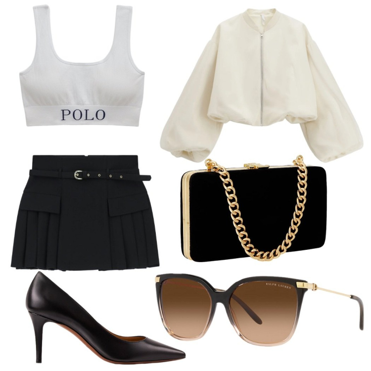 Outfit donna - A caso. Stile Casual per Serata fuori. Abbinamento con bomber, minigonne, occhiali da sole, clutch, décolleté, canottiere.