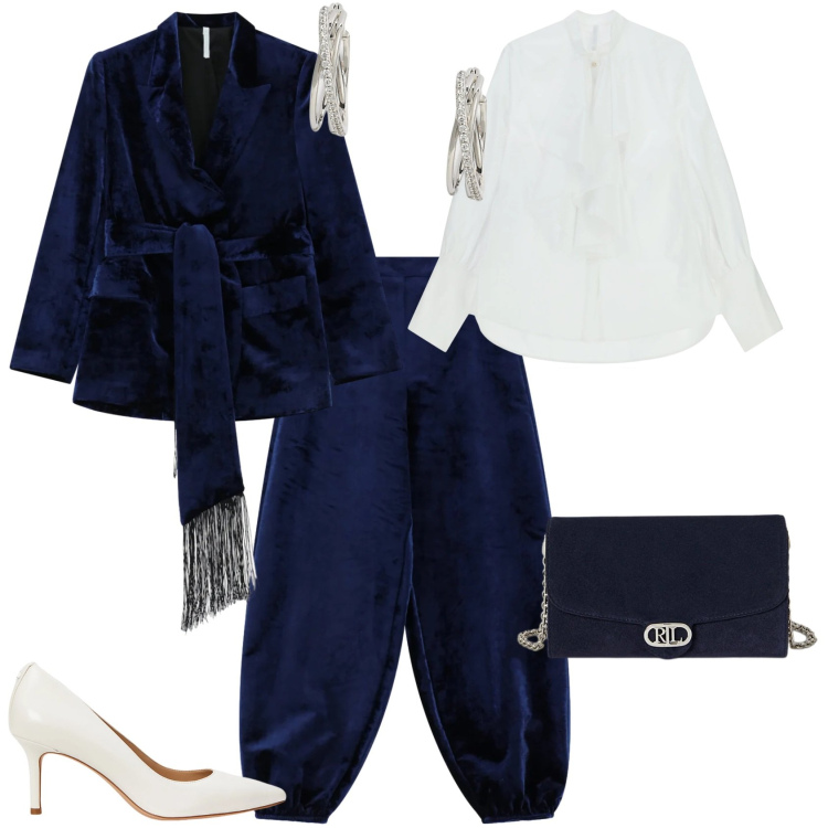 Outfit donna - Bon ton serata evento speciale. Stile Bon Ton per Serata fuori. Abbinamento con pantaloni a palazzo, camicie, blazer, décolleté, orecchini, borse a tracolla.