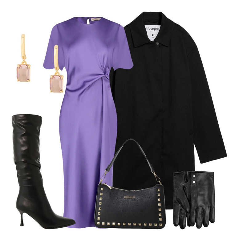 Outfit donna - Chic a cena con le ragazze. Stile Chic per Serata fuori. Abbinamento con pochette, stivali sopra il ginocchio, orecchini, vestiti midi/longuette, trench, guanti.