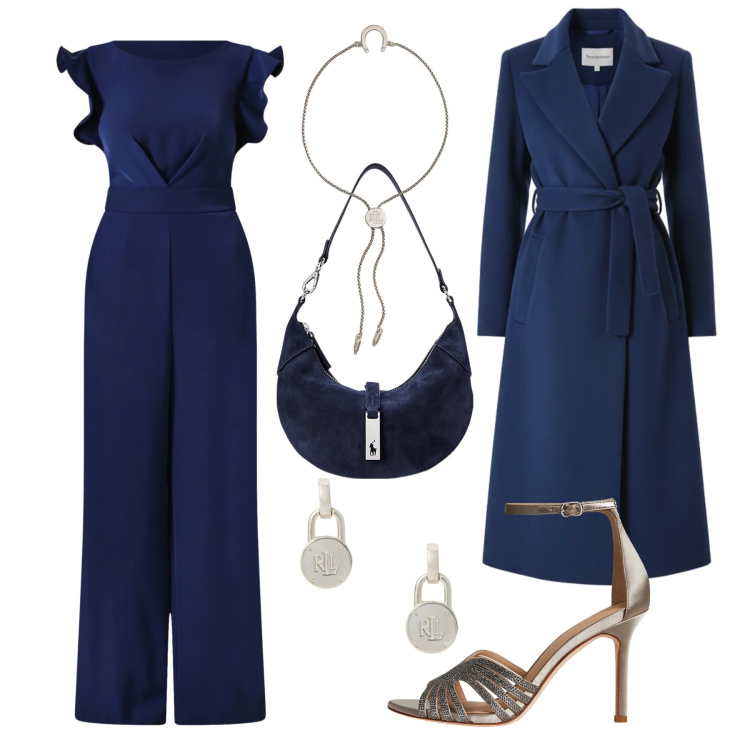 Outfit donna - Silver blue glam. Stile Glamour per Cerimonia. Abbinamento con cappotti, tute, orecchini, borse a spalla, sandali gioiello, braccialetti con ciondoli.