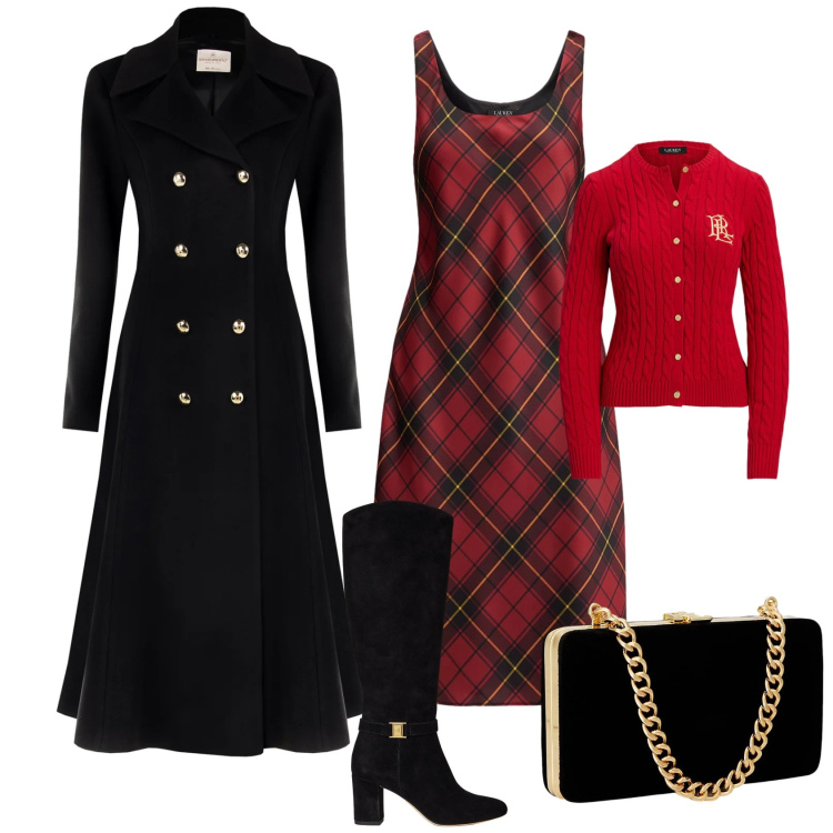 Outfit donna - Chic evento speciale. Stile Chic per Tutti i giorni. Abbinamento con cappotti, vestiti senza maniche, clutch, cardigans, stivali.