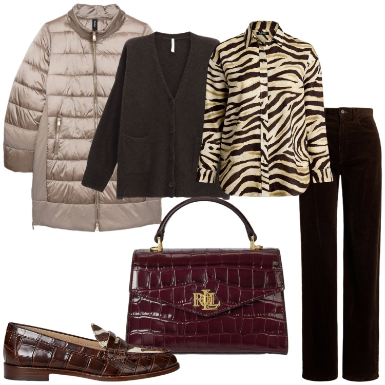 Outfit donna - Completo in marrone. Stile Glamour per Tutti i giorni. Abbinamento con cardigans, camicie, mocassini, pantaloni, borse a mano, piumini.