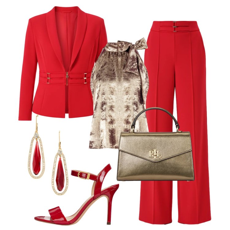 Outfit donna - Rosso e oro in festa. Stile Chic per Cerimonia. Abbinamento con top, blazer, pantaloni a palazzo, sandali col tacco, borse a mano, orecchini.