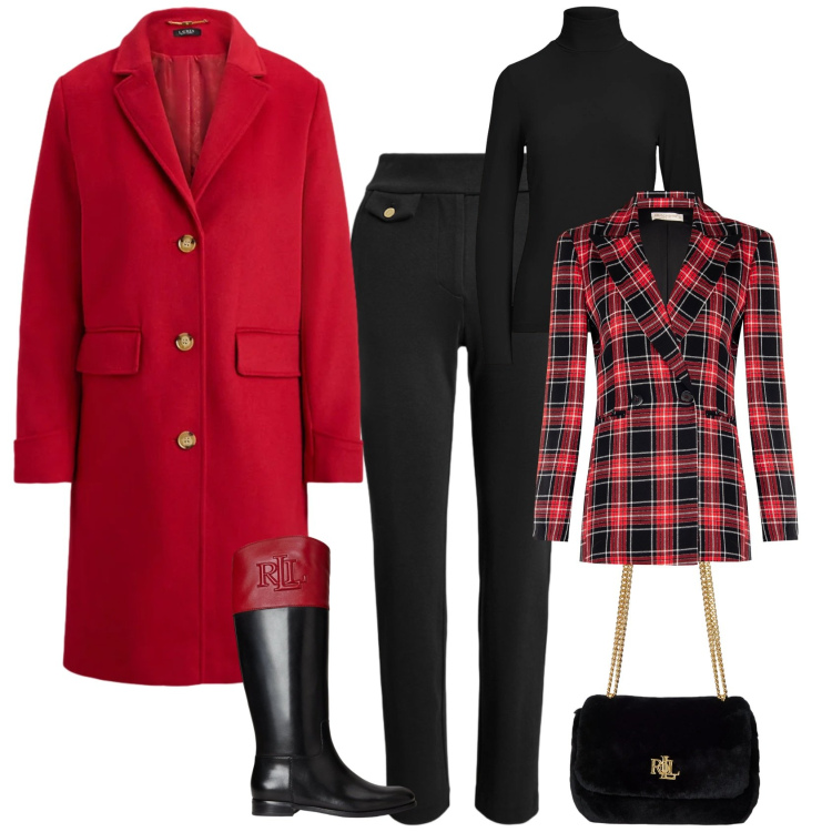 Outfit donna - Trendy rosso nero tartan. Stile Trendy per Serata fuori. Abbinamento con blazer, borse a spalla, top, stivali, cappotti, pantaloni.