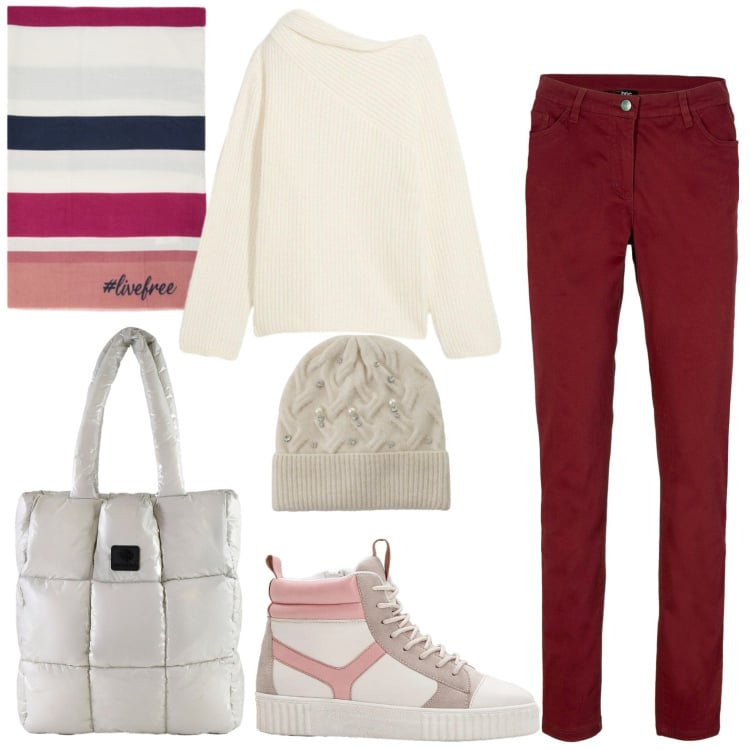 Outfit donna - Caldo e comodo. Stile Casual per Tutti i giorni. Abbinamento con maglieria, pantaloni, sneakers alte, sciarpe, berretti, shopping bag.