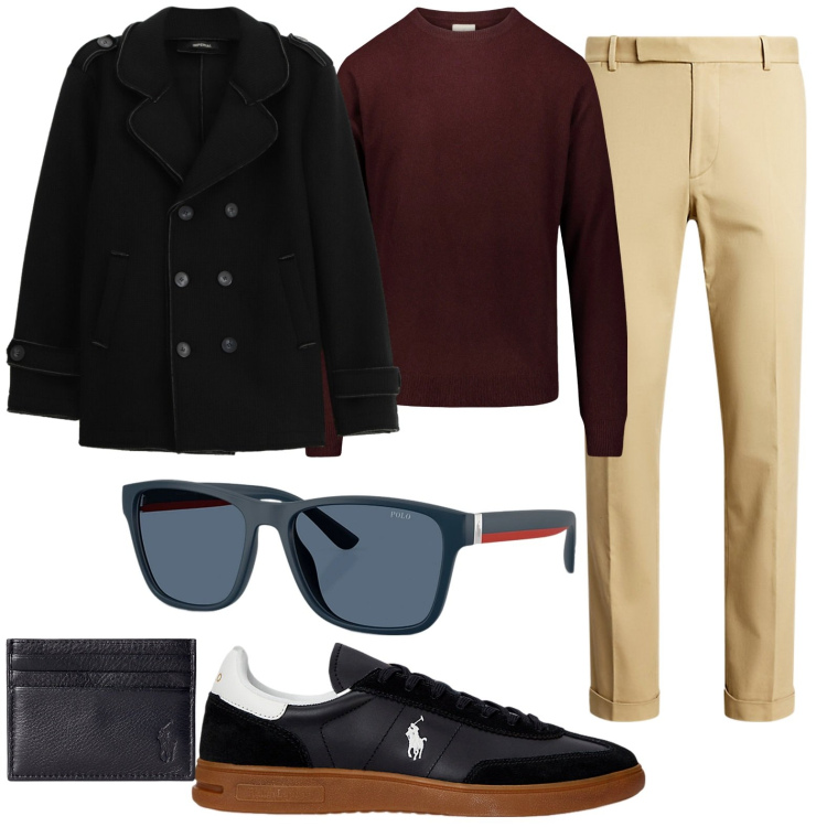 Outfit uomo - Il sole splende sempre. Stile Casual per Tutti i giorni. Abbinamento con cappotti, pantaloni chino, portafogli, occhiali da sole, sneakers, maglieria.