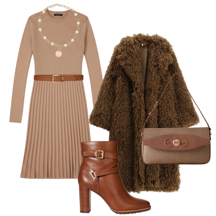 Outfit donna - L’abito in maglia plissé. Stile Casual chic per Tutti i giorni. Abbinamento con vestiti corti, cappotti, borse a spalla, collane, cinture, stivaletti.