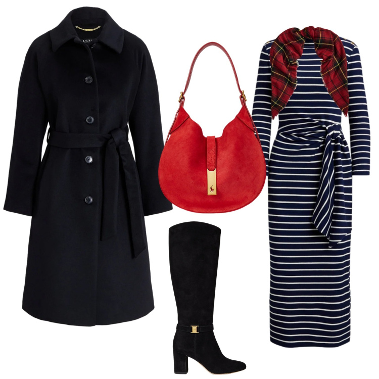 Outfit donna - Total look #2303471. Stile Glamour per Tutti i giorni. Abbinamento con cappotti, borse a spalla, stivali, sciarpe, vestiti lunghi.