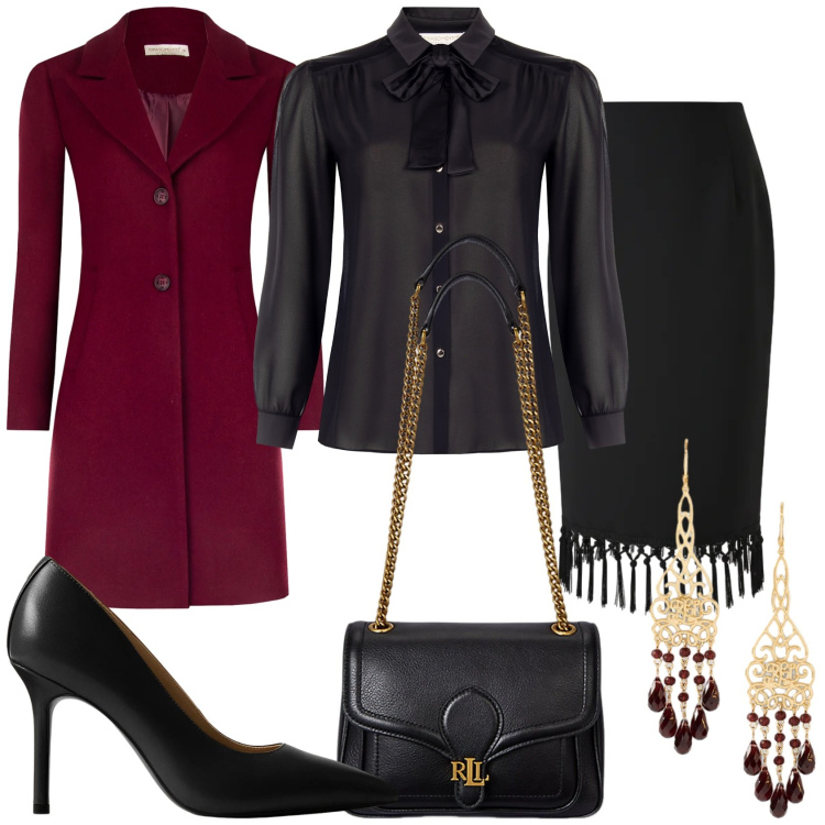 Outfit donna - Serata glam. Stile Glamour per Serata fuori. Abbinamento con camicie, cappotti, gonne longuette, borse a spalla, orecchini, décolleté.