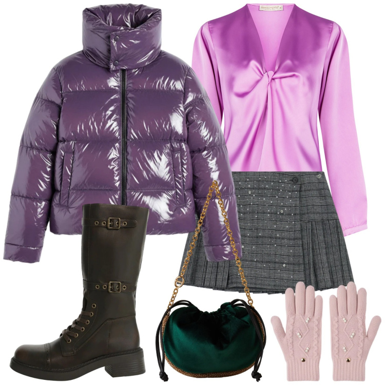 Outfit donna - Armonie festive. Stile Casual chic per Tutti i giorni. Abbinamento con minigonne, bluse, guanti, stivali, borse a spalla, piumini.