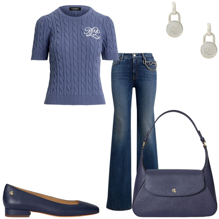 Outfit donna - Jeans e maglia. Stile Casual per Tutti i giorni. Abbinamento con t-shirt, orecchini, ballerine, borse a spalla, jeans dritti.