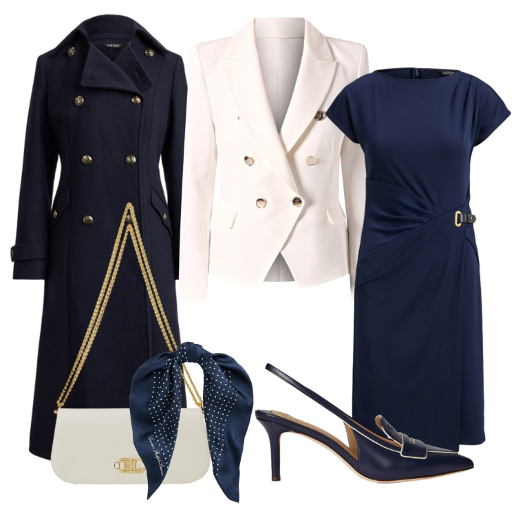 Outfit donna - Eleganza in blu. Stile Chic per Cerimonia. Abbinamento con blazer, foulard, vestiti, décolleté, borse a spalla, cappotti.
