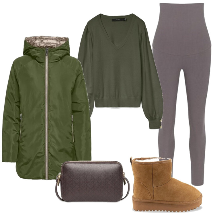 Outfit mujer - Casual #13673. Estilo Casual para Todos los días. Combinación con leggings, botas, prendas de punto, parka, bolsos de mano.