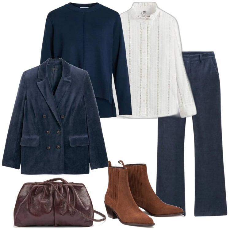 Outfit mujer - Casual chic #20081. Estilo Casual chic para Oficina. Combinación con blazers, prendas de punto, camisas, botas cowboy, pantalones, bolsos de mano.