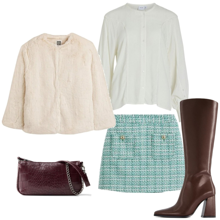 Outfit mujer - Preppy #888. Estilo Preppy para Noche/Fiesta elegante. Combinación con botas, minifaldas, bolsos de mano, abrigos, blusas.