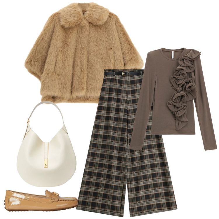 Outfit donna - Total look #2303493. Stile Casual chic per Tutti i giorni. Abbinamento con blazer, t-shirt, pantaloni a palazzo, borse a spalla, mocassini.