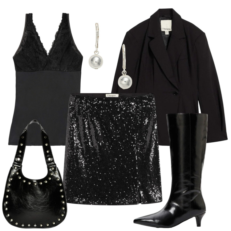 Outfit donna - Brilla a capodanno. Stile Glamour per Serata fuori. Abbinamento con minigonne, stivali, top, blazer, orecchini, borse a spalla.