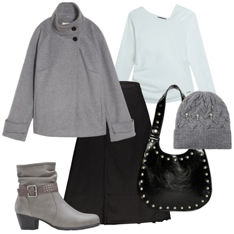Outfit donna - Polvere e nero. Stile Bon Ton per Tutti i giorni. Abbinamento con blazer, stivaletti, berretti, maglieria, gonne lunghe, borse a spalla.