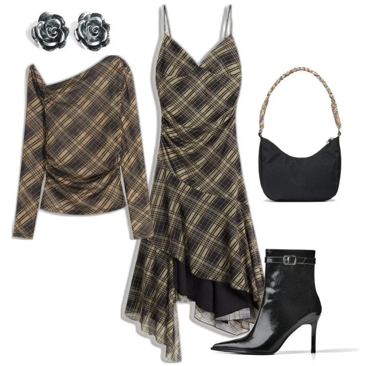 Outfit mujer - Chic #13428. Estilo Chic para Ceremonia. Combinación con camiseta, vestidos midi/longuettes, bolsos de mano, botines, pendientes.