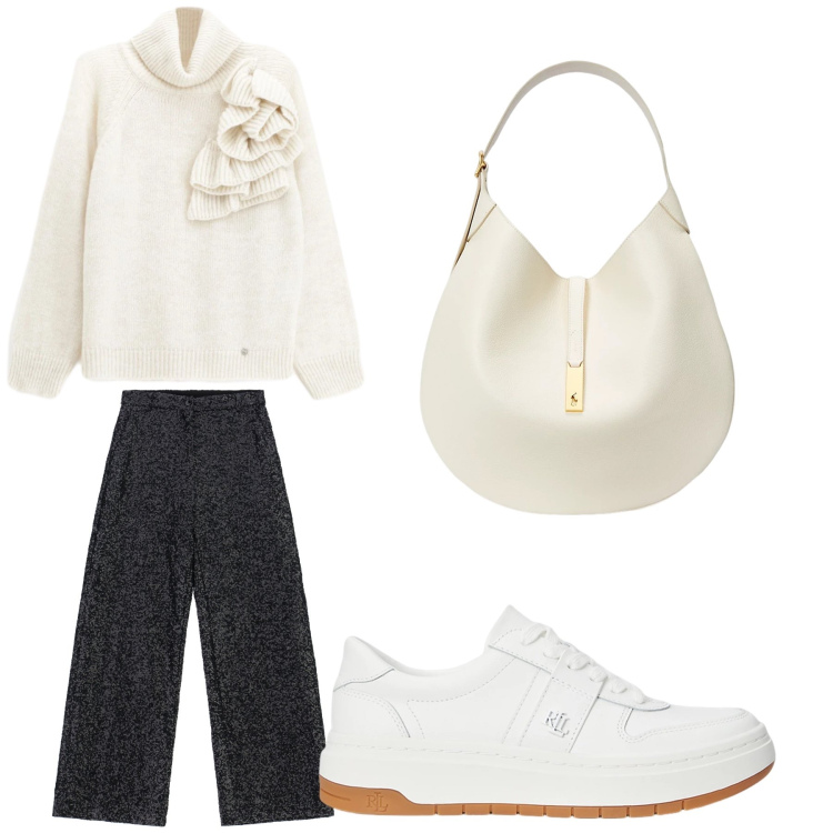 Outfit donna - Apritivo. Stile Trendy per Tutti i giorni. Abbinamento con maglieria, pantaloni a palazzo, sneakers, borse a spalla.