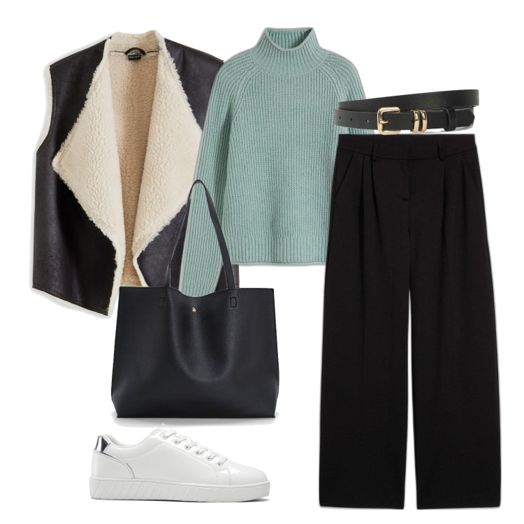 Outfit femme - style "Cosy Chic" pour l\'hiver. Style Casual chic pour Tous les jours. Assortir avec pantalon , sneakers, ceintures, pochette, pulls, sacs tote.
